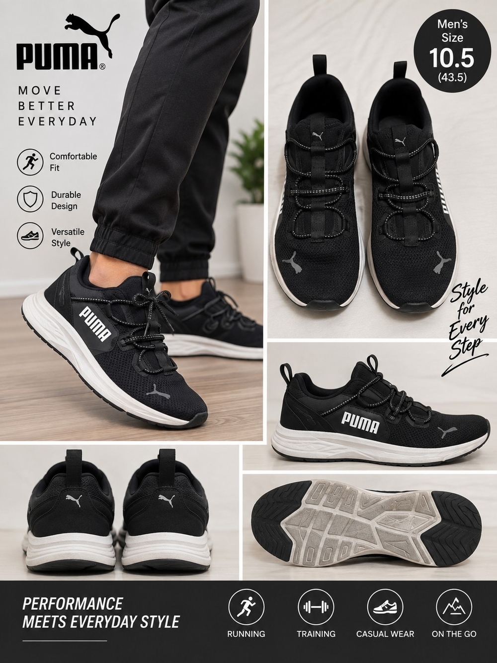 Puma mens 10.5 athletic black tennis shoes #33